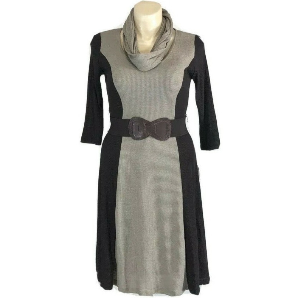NWT Robbie Bee Dress MED Fit Flare Long‎ Midi Brown Beige Micro Rib Scarf Set